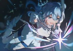  1girl aiming arrow_(projectile) belt blue_eyes blue_hair blush boots bow_(weapon) commentary drawing_bow english_commentary facing_viewer falling hair_between_eyes highres holding holding_bow_(weapon) holding_weapon hololive hoshimachi_suisei light_particles looking_ahead midair miya_(ikanyaide) motion_lines night open_mouth shirt signature skirt smile solo sparkle star_(symbol) star_in_eye symbol_in_eye teeth thigh_belt thigh_strap virtual_youtuber weapon white_boots 