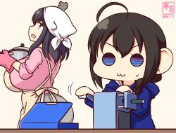  2girls :3 ahoge apron artist_logo black_hair blue_eyes blue_hoodie braid brown_apron commentary_request cooking_pot dated hair_flaps hair_ornament headscarf hood hood_down hoodie kanon_(kurogane_knights) kantai_collection logo long_hair multiple_girls open_mouth pencil pencil_sharpener pink_shirt red_eyes shigure_(kancolle) shirt short_hair single_braid smile upper_body white_headscarf yamashiro_(kancolle) 