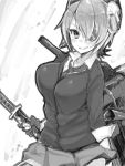  1girl breasts eyepatch fingerless_gloves gloves grin hair_over_one_eye headgear inayama kantai_collection katana large_breasts necktie personification school_uniform sheath sheathed short_hair skirt sleeves_rolled_up smile solo sword tenryuu_(kantai_collection) v-neck weapon 