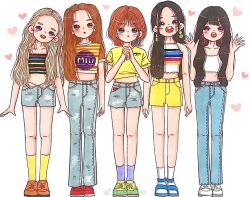  5girls black_hair blonde_hair blue_eyes brown_hair commentary_request denim denim_shorts earrings full_body green_eyes heart irene_(red_velvet) jeans jewelry joy_(red_velvet) long_hair multiple_girls open_mouth pants pink_eyes red_velvet_(group) seulgi_(red_velvet) shirt short_hair shorts socks violet_eyes wendy_(red_velvet) white_socks wshanshanz yellow_shirt yellow_shorts yellow_socks yeri_(red_velvet) 