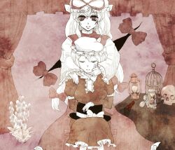  2girls black_hat bow check_commentary closed_eyes closed_mouth collared_dress commentary_request contrast_collar curtains dinotodon dress frilled_dress frilled_sleeves frills gap_(touhou) hair_bow hand_on_another's_chin hat hat_bow holding_another's_hat hourglass long_sleeves maribel_hearn multiple_girls red_bow red_ribbon ribbon sitting skull sleeve_garter smile standing tabard touhou white_bow white_dress wide_sleeves yakumo_yukari yukari_is_merry_theory_(touhou) 