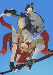  1girl animal_ears arknights arknights:_endfield bare_legs black_gloves blonde_hair blue_sky fingerless_gloves from_below gloves hetare_galm_sue highres holding holding_weapon hood long_hair low-tied_long_hair red_hood rossi_(arknights) simple_background skirt sky solo sword upside-down weapon white_skirt yellow_eyes 