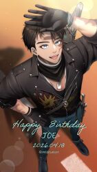  1boy :d arm_up black_gloves black_hair black_jacket black_neckerchief black_shoes blue_eyes blue_pants burn_scar character_name commentary_request dated dog_tags from_above full_body gloves hand_on_own_hip hand_up happy_birthday highres j_(reverse:1999) jacket leather leather_jacket legs_apart lens_flare looking_up male_focus milmil7 neckerchief open_mouth pants reverse:1999 scar scar_on_face shoes short_hair smile solo standing teeth twitter_username upper_teeth_only 