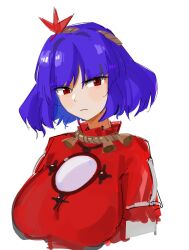  1girl absurdres aesur_a breasts closed_mouth frown hair_ornament highres large_breasts leaf_hair_ornament looking_at_viewer mirror purple_hair red_eyes short_hair simple_background solo touhou upper_body white_background yasaka_kanako 
