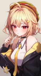 1girl absurdres ahoge bare_shoulders black_choker black_jacket blonde_hair blush breasts burger choker collared_shirt commentary food grey_background hair_ornament hairclip hand_up hat highres ivl0107 jacket jingburger korean_commentary long_sleeves looking_at_viewer medium_breasts necktie off_shoulder open_clothes open_jacket parted_lips puffy_sleeves red_eyes shirt short_hair simple_background sleeveless sleeveless_shirt solo upper_body virtual_youtuber waktaverse white_shirt yellow_necktie 