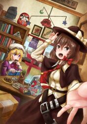  2girls absurdres adjusting_clothes adjusting_headwear bamboo_shoot belt black_belt black_hat blonde_hair blue_eyes book bookshelf bow building collared_shirt commentary computer contrast_collar cookie crescent door dress food fuente hair_bow hat hat_bow highres holding holding_book holding_cookie holding_food indoors laptop long_hair long_sleeves maribel_hearn medium_hair mini_torii mob_cap multiple_girls neck_ribbon necktie object_request open_mouth partially_translated purple_dress red_bow red_necktie red_ribbon ribbon shirt sleeve_garter star_(symbol) table touhou translation_request ufo usami_renko white_bow white_hat white_shirt window 
