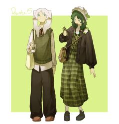  bag black_sweater cellphone cup elf frieren green_hair green_skirt green_vest hair_ornament handbag hat hat_ornament highres holding holding_cup maomao_(kusuriya_no_hitorigoto) medium_hair mob_cap phone plaid_clothes plaid_skirt plaid_vest pointy_ears robarts_15(rob.arts_15) shirt signature simple_background skirt smartphone sweater vest white_hair white_shirt 