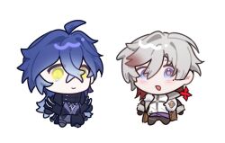  2boys :o ahoge allennnll0 antenna_hair belt black_belt black_capelet black_coat black_gloves black_pants blue_eyes blue_hair blush capelet chibi coat collared_capelet commentary_request crossed_bangs earrings flins_(genshin_impact) fur-trimmed_coat fur-trimmed_sleeves fur_trim gem genshin_impact gloves gradient_hair grey_hair grey_pants hair_between_eyes hair_intakes illuga_(genshin_impact) jewelry long_hair long_sleeves male_focus mole mole_under_eye multicolored_coat multicolored_hair multiple_boys open_clothes open_coat pants parted_lips purple_gem purple_sash purple_shirt red_hair sash shirt single_earring sleeve_cuffs sleeveless sleeveless_turtleneck smile strap streaked_hair sweater thai_commentary thigh_strap turtleneck turtleneck_sweater two-tone_hair white_background yellow_eyes 