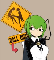  1girl antennae arms_behind_back breasts cape flat_color green_eyes green_hair groin_kick short_hair sign simple_background solo space_jin sweatdrop touhou wriggle_nightbug 