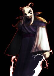  1boy absurdres animal_ears asriel_dreemurr asriel_dreemurr_(god_of_hyperdeath) black_hair black_sclera colored_sclera commentary cowboy_shot electricity energy_sword english_commentary fangs furry goat_boy goat_ears goat_horns highres horns outline outofuniform510 red_outline robe simple_background solo sword undertale utdr_(toby_fox) weapon white_fur 