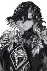  1boy armor bujianxishou cape colored_inner_hair fate/grand_order fate_(series) greyscale hair_ornament highres john_lackland_(fate) looking_at_viewer male_focus medium_hair monochrome multicolored_hair simple_background solo turtleneck two-tone_hair upper_body white_background 