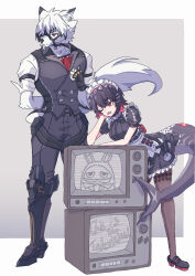  1boy 1girl absurdres animal_ears bicep_strap black_gloves black_hair body_fur closed_mouth colored_inner_hair commentary_request ellen_joe fingerless_gloves fins fish_tail furry furry_male gloves hair_ornament hairband highres large_tail leaning_forward maid maid_headdress metal_hairband mole mole_on_arm multicolored_hair one_eye_closed pantyhose prosthesis prosthetic_leg razor_blade_hair_ornament red_eyes red_hair scar scar_on_tail shark_girl shark_tail shirt short_hair spiked_headband tail tobanjan_janjan two-tone_hair von_lycaon white_fur white_hair wolf_boy wolf_ears wolf_tail zenless_zone_zero 