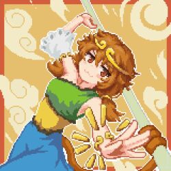  1girl 2lv4h859dp33333 :3 blue_dress bo_staff border brown_eyes brown_hair circlet commentary_request detached_sleeves dress gold_circlet green_dress highres long_hair looking_at_viewer low_twintails monkey_girl monkey_tail multicolored_dress pixel_art red_border ruyi_jingu_bang single-shoulder_dress single_detached_sleeve sleeveless smile solo son_biten tail touhou twintails white_sleeves yellow_dress 