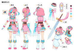  1girl absurdres aise_kirari blue_eyes boots bow bowtie breasts collared_dress color_guide colored_inner_hair commentary_request dress hair_ornament hat highres large_breasts medium_breasts mini_hat multicolored_hair multiple_views nekonyan_(inaba31415) one_side_up open_mouth pink_hair pleated_dress puffy_short_sleeves puffy_sleeves reference_sheet short_dress short_sleeves single_thighhigh smile star_(symbol) star_hair_ornament streaked_hair striped_bow striped_bowtie striped_clothes thigh-highs tilted_headwear translation_request turnaround two-tone_hair v-drive! white_boots 