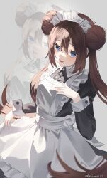  1girl apron black_dress blue_eyes blush bow breasts brown_hair double_bun dress enmaided frilled_apron frills hair_bun highres long_hair looking_at_viewer maid maid_apron maid_headdress naz_(hsae3838) open_mouth pokemon pokemon_black_2_and_white_2 rosa_(pokemon) simple_background smile solo twintails white_apron wrist_cuffs zoom_layer 