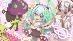  +_+ 2girls antennae artist_request black_sclera blue_hair bodysuit brown_eyes colored_sclera colored_skin covered_navel crane_game crescent energy_barrier gradient_hair green_skin monster_musume_td multicolored_hair multiple_girls official_art open_mouth pientia_(monmusu_td) pink_background pink_eyes pupiperuza_(monmusu_td) shirt star_(symbol) stuffed_toy twintails white_hair white_shirt 
