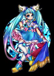  1girl black_background blue_bow blue_eyes blue_hair bow bracelet closed_mouth commentary_request cure_sky earrings english_commentary gloves gold_bracelet hirogaru_sky!_precure jewelry magical_girl mixed-language_commentary multicolored_hair pink_bow pink_hair precure senmu_(0107) simple_background smile solo sora_harewataru 