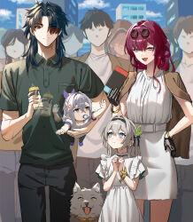  5boys 5girls aged_down alternate_costume anger_vein baby baby_bottle black_gloves black_hairband blade_(honkai:_star_rail) bottle bracelet closed_mouth controller crossed_bangs elio_(honkai:_star_rail) eyewear_on_head faceless faceless_female faceless_male firefly_(honkai:_star_rail) game_controller gloves grey_hair hair_between_eyes hair_ornament hairband hand_on_own_hip hand_up hands_up highres holding holding_bottle holding_controller holding_game_controller honkai:_star_rail honkai_(series) jacket jacket_on_shoulders jewelry kafka_(honkai:_star_rail) looking_at_another multiple_boys multiple_girls nao_(naoooo_a) open_mouth outdoors people purple_hair round_eyewear short_sleeves silver_wolf_(honkai:_star_rail) smile 
