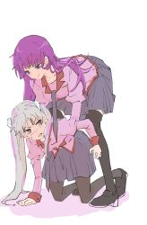  2girls arms_around_another's_waist bent_over black_shoes black_thighhighs blue_eyes blue_necktie blue_skirt blunt_bangs blush brown_eyes commentary_request contrast_collar embarrassed grey_hair hair_over_shoulder hand_on_ground highres kneeling light_blush long_hair looking_at_another monogatari_(series) multiple_girls naoetsu_high_school_uniform necktie oikura_sodachi picking_up pink_shirt pleated_skirt purple_hair red_trim school_uniform senjougahara_hitagi shadow shirt shoes skirt smirk thigh-highs twintails usa003uni yuri 