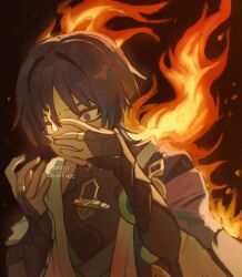  1boy armor black_bodysuit black_bridal_gauntlets black_hair blue_kimono blunt_ends bodysuit bridal_gauntlets brown_background burning cape choppy_bangs empty_eyes feathers fire genshin_impact gold gold_ring hands_up highres japanese_armor japanese_clothes juban kimono kote kurokote looking_to_the_side male_focus mandarin_collar middle_ring nonoji_(nonoji_ekaki) open_clothes open_kimono pom_pom_(clothes) portrait purple_cape scaramouche_(genshin_impact) short_sleeves shoulder_peek side_cape solo violet_eyes wanderer_(genshin_impact) white_kimono white_sleeves wide-eyed yellow_feathers 