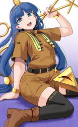  1girl :d absurdres arm_support baketsuya belt black_thighhighs blue_eyes blue_hair blue_nails boots bracelet brown_boots brown_shirt brown_shorts collared_shirt commentary_request earrings facial_mark gold_bracelet gold_hairband gradient_background hair_ornament hairband highres holding jewelry key_earrings long_hair looking_at_viewer low-tied_long_hair michigami_nareko nail_polish pyramid_(geometry) shirt shorts sitting smile solo sphere_hair_ornament thigh-highs touhou triangle triangle_facial_mark usekh_collar wariza 