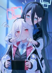  2girls absurdres aris_(blue_archive) black_hair black_hairband black_vest blue_archive blue_eyes blue_halo blush cheek_poking collared_shirt commentary hair_between_eyes hairband halo handheld_game_console highres holding holding_handheld_game_console jacket kei_(blue_archive) kei_(new_body)_(blue_archive) kuchisode looking_at_another multiple_girls one_side_up open_clothes open_jacket pink_halo poking pout red_eyes shirt vest white_hair white_jacket 
