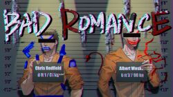  2boys albert_wesker bad_romance blonde_hair brown_hair censored censored_identity character_name chris_redfield commentary doodle_inset drawn_tail english_commentary grin height_chart highres holding holding_sign imagine_(imagine7243618) jacket looking_at_viewer multiple_boys muscular muscular_male orange_jacket prison_clothes resident_evil resident_evil_5 shirt short_hair sign sleeves_rolled_up smile spotlight upper_body white_shirt 