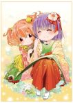  2girls ^_^ apron bell berry_jou book closed_eyes flower hair_bell hair_flower hair_ornament hieda_no_akyuu japanese_clothes motoori_kosuzu multiple_girls orange_hair paintbrush purple_hair red_eyes scroll sitting smile touhou twintails two_side_up 