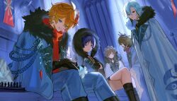  2boys 3girls absurdres aiguillette ankle_strap arlecchino_(genshin_impact) armor banner black_boots black_eyes black_gloves black_hair black_mask black_shirt black_sleeves blue_eyes blunt_bangs blunt_ends boots brown_hair chessboard choppy_bangs coat colored_tips columbina_(genshin_impact) crossed_arms crossed_bangs detached_collar earrings empty_eyes eye_mask facing_another fatui_coat fatui_logo flower fur-trimmed_coat fur-trimmed_hood fur_trim gem genshin_impact glint gloves gold hair_between_eyes hair_ornament hair_ribbon headdress highres holding holding_flower hood indoors inteyvat_flower_(genshin_impact) japanese_armor jewelry kote kurokote lace-up_boots lapels looking_at_another looking_at_viewer mask mask_on_head mitsudomoe_(shape) multicolored_hair multiple_boys multiple_girls neck_ring open_clothes open_coat open_mouth orange_hair pants pink_hair purple_hair red_gem red_mask red_pupils red_scarf ribbon rtms sandrone_(genshin_impact) scaramouche_(genshin_impact) scarf shirt short_hair short_hair_with_long_locks short_sleeves sidelocks sitting standing streaked_hair swept_bangs symbol-shaped_pupils tartaglia_(genshin_impact) thigh_strap tomoe_(symbol) tress_ribbon tsurime violet_eyes white_coat white_flower white_hair white_mask white_mouth white_pants white_ribbon wing_hair_ornament x-shaped_pupils 