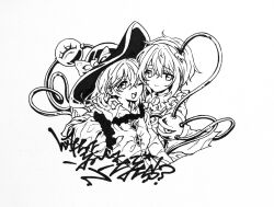  2girls bow buttons closed_mouth collared_shirt commentary_request diamond_button disembodied_linked_eye eyeball frilled_sleeves frills greyscale hair_ornament hairband hat hat_bow heart heart_button heart_hair_ornament heart_of_string ikeda_ruriko komeiji_koishi komeiji_satori long_hair long_sleeves looking_at_viewer monochrome multiple_girls one_eye_closed open_mouth shirt short_hair siblings sisters smile touhou upper_body wide_sleeves 