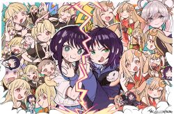  ? absurdres anger_vein animal_ears arrow_(symbol) baby belt_collar black_hair blonde_hair blue_eyes blush chibi chinese_commentary cho_kaguya-hime! closed_eyes collar commentary_request crescent crescent_hair_ornament crying eyeliner flying_sweatdrops forehead_jewel fox_ears fushi_(cho_kaguya-hime!) green_eyes hair_ornament hair_rings hair_stick headphones highres holding holding_hands holding_weapon inudoge kaguya_(cho_kaguya-hime!) llllwewewe long_hair lop_rabbit_ears makeup multicolored_hair multiple_girls nail_polish pout rabbit_ears red_eyeliner red_eyes runami_yachiyo sakayori_iroha school_uniform short_hair smile twintails two-tone_hair very_long_hair weapon white_hair 