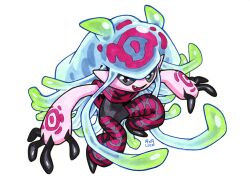  absurdres colored_skin digimon digimon_(creature) fang grey_eyes highres jellymon looking_at_viewer open_mouth pink_skin pointy_ears railroadlion signature simple_background solo tentacle_hair white_background 