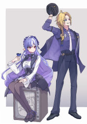  1boy 1girl absurdres ahoge ascot black_gloves black_nails black_shoes blonde_hair border bow bowtie breasts bug butterfly commentary_request drill_hair drill_sidelocks gem gloves grey_background hair_between_eyes hat heterochromia highres holding holding_unworn_clothes holding_unworn_hat hugo_vlad jacket jewelry long_hair long_sleeves mole mole_under_eye multicolored_hair necktie pants pointy_ears purple_ascot purple_bow purple_bowtie purple_butterfly purple_gem purple_hair purple_shirt red_eyes shirt shoes shrug_(clothing) sideboob_cutout sidelocks sitting smile streaked_hair television tobanjan_janjan unworn_hat unworn_headwear vivian_banshee white_border white_shrug zenless_zone_zero 