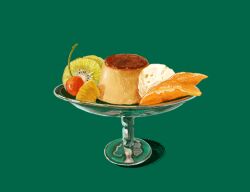  cherry commentary_request food food_focus fruit green_background highres ice_cream kiwi_(fruit) kiwi_slice no_humans orange_(fruit) orange_slice original pineapple pineapple_slice pudding pudding_a_la_mode user_xapj4875 