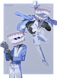  1boy adjusting_clothes adjusting_gloves alternate_color black_eyes black_gloves black_shirt blue_background blue_jacket border caine_(the_amazing_digital_circus) collared_shirt commentary cowboy_shot dark_persona dentures detached_eyes empty_eyes eye_in_mouth fewer_digits film_grain full_body gloves hat heterochromia highres jacket jacket_on_shoulders leg_up long_sleeves looking_at_viewer male_focus mini_hat mini_top_hat multiple_views necktie nemiwakaha open_clothes open_jacket outline outside_border pants pink_eyes shirt shoes sparkle star_(symbol) sweat teeth the_amazing_digital_circus top_hat twitter_username vest white_border white_hat white_necktie white_outline white_pants white_shoes white_vest yellow_eyes 