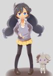  1girl arms_behind_back black_hair blue_eyes cupen espurr highres long_hair matiere_(pokemon) pantyhose patches pokemon pokemon_(creature) pokemon_(game) pokemon_xy shirt skirt smile sweater torn_clothes twintails violet_eyes 