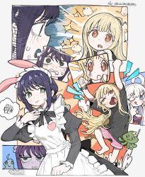  3girls :d absurdres animal_ears annoyed apron arms_up barefoot black_dress black_shirt blonde_hair blue_eyes blush cho_kaguya-hime! commentary_request dress enmaided fake_animal_ears green_eyes hair_rings highres juliet_sleeves kaguya_(cho_kaguya-hime!) llllwewewe long_hair long_sleeves maid maid_headdress multiple_girls multiple_views one_eye_closed open_mouth pink_shorts pleading_eyes profile puffy_sleeves purple_hair rabbit_ears runami_yachiyo sakayori_iroha shirt shorts smile sparkle spoken_squiggle squiggle standing t-shirt tears twitter_username white_apron 