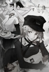  1boy 3girls absurdres apron black_shirt blood burger chainsaw_man chef_hat denji_(chainsaw_man) disembodied_head doll earrings english_commentary extra_arms eyeball falling_devil_(chainsaw_man) famine_devil_(chainsaw_man) food fork french_fries hand_on_own_face hat highres holding holding_detached_head ivdimension jewelry leaning_on_table looking_at_viewer mitaka_asa monochrome multiple_girls peaked_cap photo_(object) pochita_(chainsaw_man) restaurant shirt short_sleeves skirt snake stool strap white_shirt 