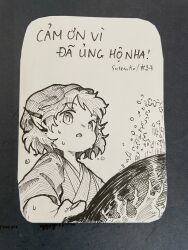  1girl animal_ears bird_ears commentary_request cooking english_commentary fire highres holding japanese_clothes kimono looking_at_viewer mixed-language_commentary mystia_lorelei okamisty open_mouth photo_(medium) short_hair solo suteruko sweat touhou traditional_media translated vietnamese_text wok 