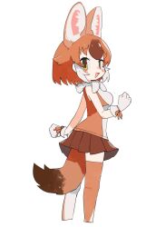  1girl animal_ears blush blush_stickers bow bowtie commentary_request cropped_legs dhole_(kemono_friends) dog_ears dog_girl dog_tail fur-trimmed_collar fur_trim glove_bow gloves highres kemono_friends looking_at_viewer multicolored_hair multicolored_thighhighs naka_(buttergirl_02) open_mouth orange_hair orange_shirt orange_skirt pleated_skirt shirt short_hair sidelocks skirt sleeveless sleeveless_shirt smile solo tail thigh-highs two-tone_hair two-tone_shirt two-tone_thighhighs white_background white_gloves white_shirt yellow_eyes zettai_ryouiki 