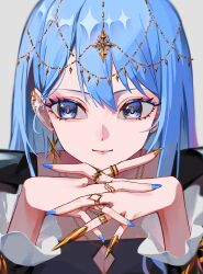  1girl absurdres blue_eyes blue_hair blue_nails cleavage_cutout clothing_cutout commentary earrings english_commentary facing_viewer fingernails gold_nails hair_between_eyes headpiece highres hololive hoshimachi_suisei interlocked_fingers jewelry long_fingernails looking_to_the_side maymea multiple_rings necklace own_hands_together puffy_sleeve_cuffs ring ringed_eyes simple_background single_earring solo star_(symbol) star_in_eye stud_earrings symbol_in_eye virtual_youtuber white_background 