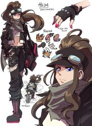  1girl alternate_costume alternate_universe baseball_cap belt blue_eyes boots brown_hair charm_(object) chibi dystopia fingerless_gloves frown gloves goggles goggles_on_head goggles_on_headwear hat highres long_hair looking_at_viewer midriff mienshao motor_vehicle motorcycle nail_polish pants pignite pink_nails poke_ball pokemon pokemon_black_and_white ponytail rei_(esprei96) scarf shedinja studded thigh_belt thigh_strap 