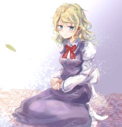 1girl ahoge back_bow blonde_hair blue_eyes blush bow bowtie closed_mouth collared_shirt commentary_request dress frilled_dress frills frown highres long_hair long_sleeves maribel_hearn missing_headwear no_shoes pinafore_dress purple_dress red_bow red_bowtie sash shirt sleeveless sleeveless_dress socks solo touhou uwazumi white_bow white_sash white_shirt white_socks 