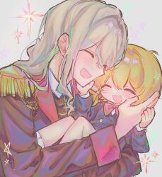  1boy 1girl :d aged_down baby_carry black_jacket blonde_hair booooobam bow bowtie buttons carrying child closed_eyes coat commentary_request contrast_collar don_quixote_(project_moon) double-parted_bangs epaulettes fang grey_background hand_on_another's_cheek hand_on_another's_chin hand_on_another's_face hands_up happy head_tilt highres jacket knees_up korean_commentary la_manchaland's_don_quixote_(project_moon) lapels limbus_company limbus_kindergarten_uniform long_hair long_sidelocks long_sleeves lying on_back open_mouth project_moon red_bow red_bowtie red_coat red_shirt shirt short_hair sidelocks skin_fang sleeve_cuffs smile star_(symbol) white_hair 