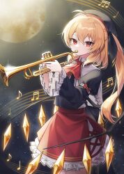  1girl ahoge alternate_costume alternate_hairstyle ascot black_hat black_shirt blonde_hair commentary_request crystal crystal_wings flandre_scarlet frilled_skirt frilled_sleeves frills full_moon hair_between_eyes hat highres holding holding_instrument holding_trumpet instrument korean_commentary long_hair long_sleeves looking_at_viewer moon musical_note musical_staff night one_side_up playing_instrument red_ascot red_eyes red_skirt shirt skirt solo soooooook2 touhou trumpet very_long_hair wide_sleeves wings 