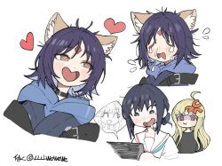  2girls :t anger_vein animal_ear_fluff animal_ears annoyed black_choker blonde_hair blue_hoodie brown_eyes chinese_commentary cho_kaguya-hime! choker commentary_request crying flying_sweatdrops forehead_jewel green_eyes heart heart-shaped_mouth heart-shaped_pupils highres hood hood_down hoodie japanese_clothes kaguya_(cho_kaguya-hime!) llllwewewe long_hair looking_at_another looking_to_the_side mole mole_under_eye multiple_girls multiple_views open_mouth parted_bangs pout purple_hair runami_yachiyo sailor_collar sakayori_iroha shirt short_hair smile snot spoken_character symbol-shaped_pupils tears twitter_username upper_body white_background white_shirt 