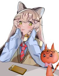  1girl absurdres animal animal_ears bow bowtie cardigan cat cat_ears cat_girl cellphone commentary_request desk extra_ears geoffroy's_cat_(kemono_friends) green_eyes grey_hair highres kemono_friends kemono_friends_v_project llb long_hair looking_at_viewer necktie phone ribbon shirt simple_background smartphone solo tongue upper_body virtual_youtuber 