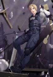  1boy black_gloves blonde_hair blue_eyes blue_shirt blue_vest chest_belt commentary_request falling fingerless_gloves flashlight full_body furrowed_brow gloves highres holding holding_flashlight holding_rod holster knee_pads leon_s._kennedy long_sleeves male_focus open_mouth police police_uniform resident_evil resident_evil_2 rod shirt short_hair shoulder_pads solo standing standing_on_one_leg surprised tachiarai_kuri teeth thigh_holster undershirt upper_teeth_only vest white_shirt 