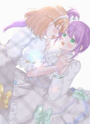  2girls :d ^_^ blush bow cerise_bouquet closed_eyes commentary_request dress dress_bow green_bow green_eyes grey_dress highres hinoshita_kaho holding_hands holiday_holiday_(love_live!) long_sleeves looking_at_another love_live! love_live!_hasu_no_sora_jogakuin_school_idol_club multiple_girls open_mouth otomune_kozue plaid_clothes plaid_dress puffy_short_sleeves puffy_sleeves shiki_820 short_sleeves smile surprised teeth upper_teeth_only virtual_youtuber yellow_bow yuri 