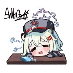  1girl =_= animal_ear_fluff animal_ears blue_archive blush capelet chibi closed_eyes commentary fur_hat green_eyes grey_capelet grey_hat grey_jacket grey_mittens halo hat highres hip_flask jacket long_sleeves mittens open_mouth saliva shigure_(blue_archive) shuni_valentine signature simple_background white_background 
